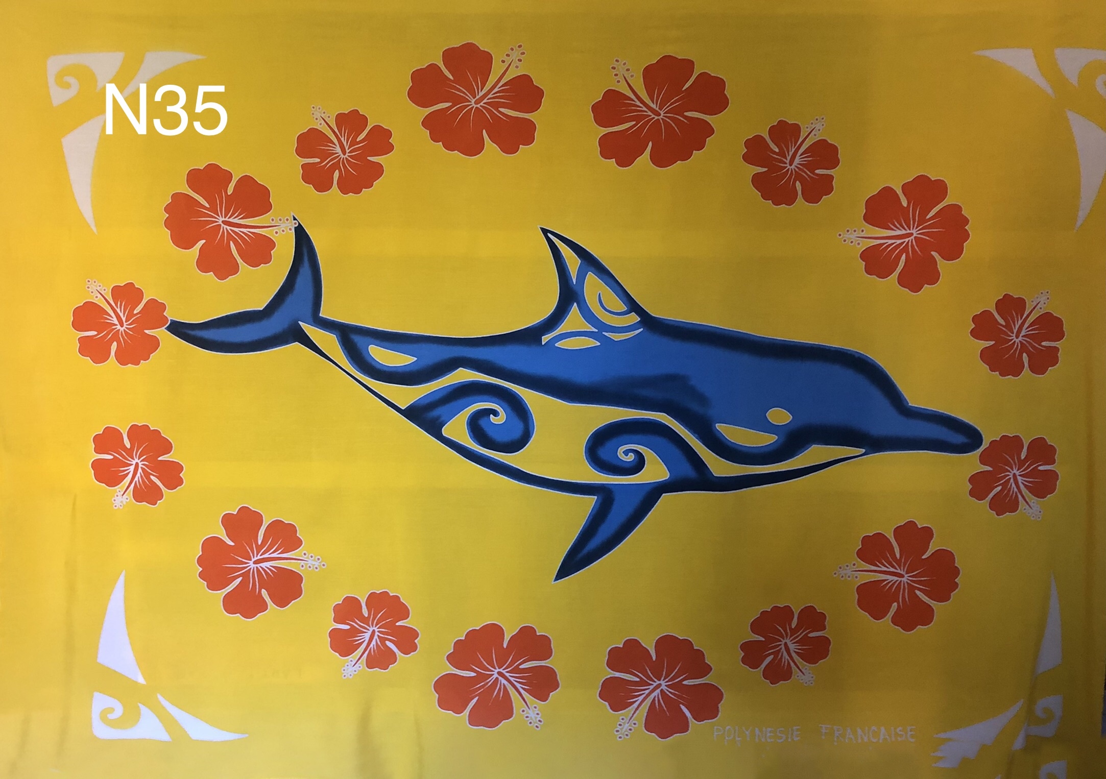 Pareo peint à la main dauphin Tahiti jaune n°35